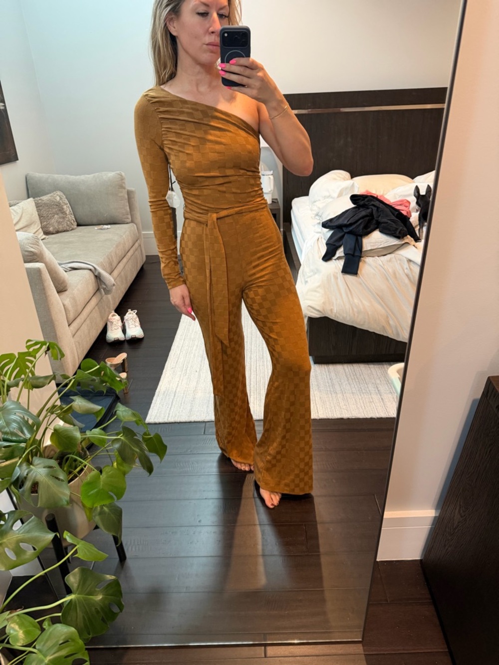 NWT House of Harlow 1960 One-Shoulder Checker Jumpsuit in Mustard Gold